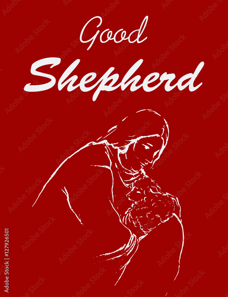 Abstract Jesus Christ and lamb with message Good Shepherd | White on red background illustration design artwork | Christianity artistic Abstract Jesus Christ and lamb with message Good Shepherd | White on red background illustration design artwork | Christianity artistic