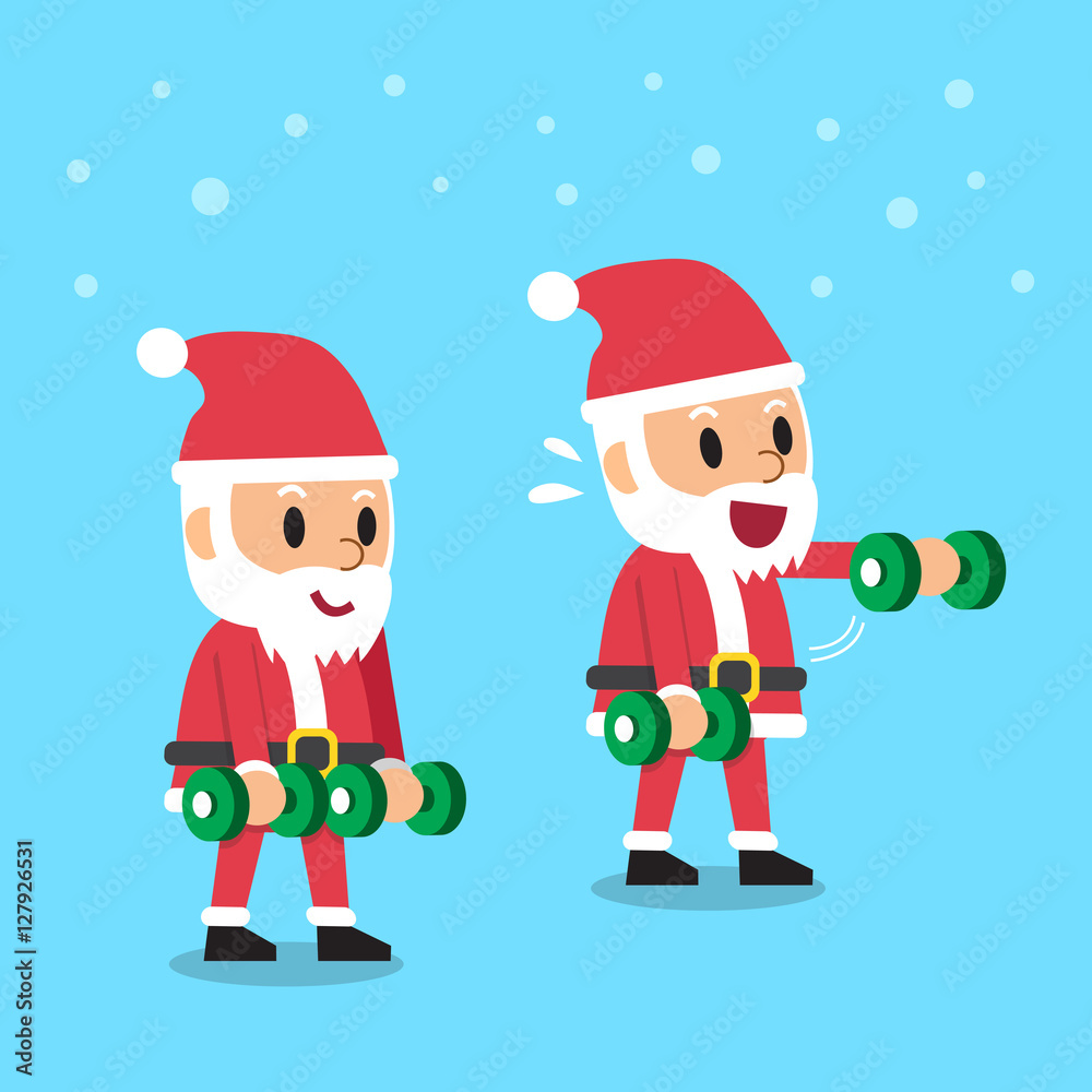 Cartoon santa claus doing front dumbbell raise exercise step training Cartoon santa claus doing front dumbbell raise exercise step training