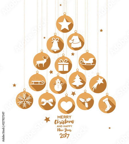 Christmas tree with hanging gold baubles and decorations