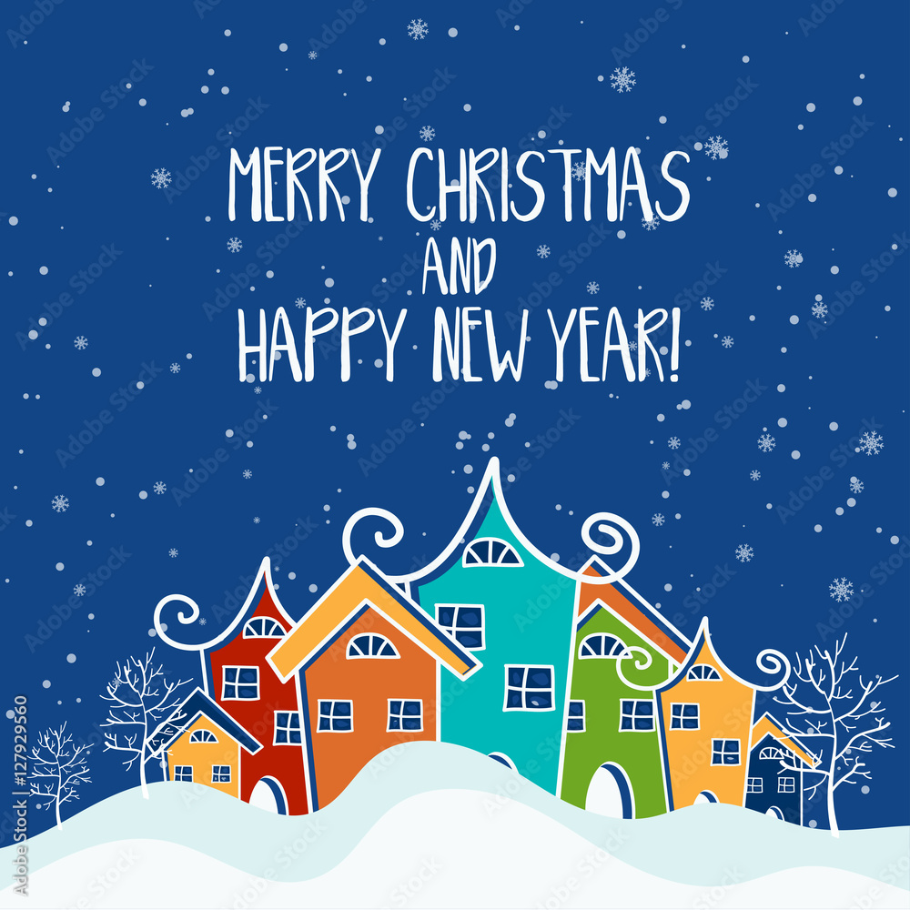 Fototapeta premium Cartoon illustration for holiday theme with house on winter back