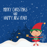 Cartoon illustration for holiday theme with elf  on winter backg