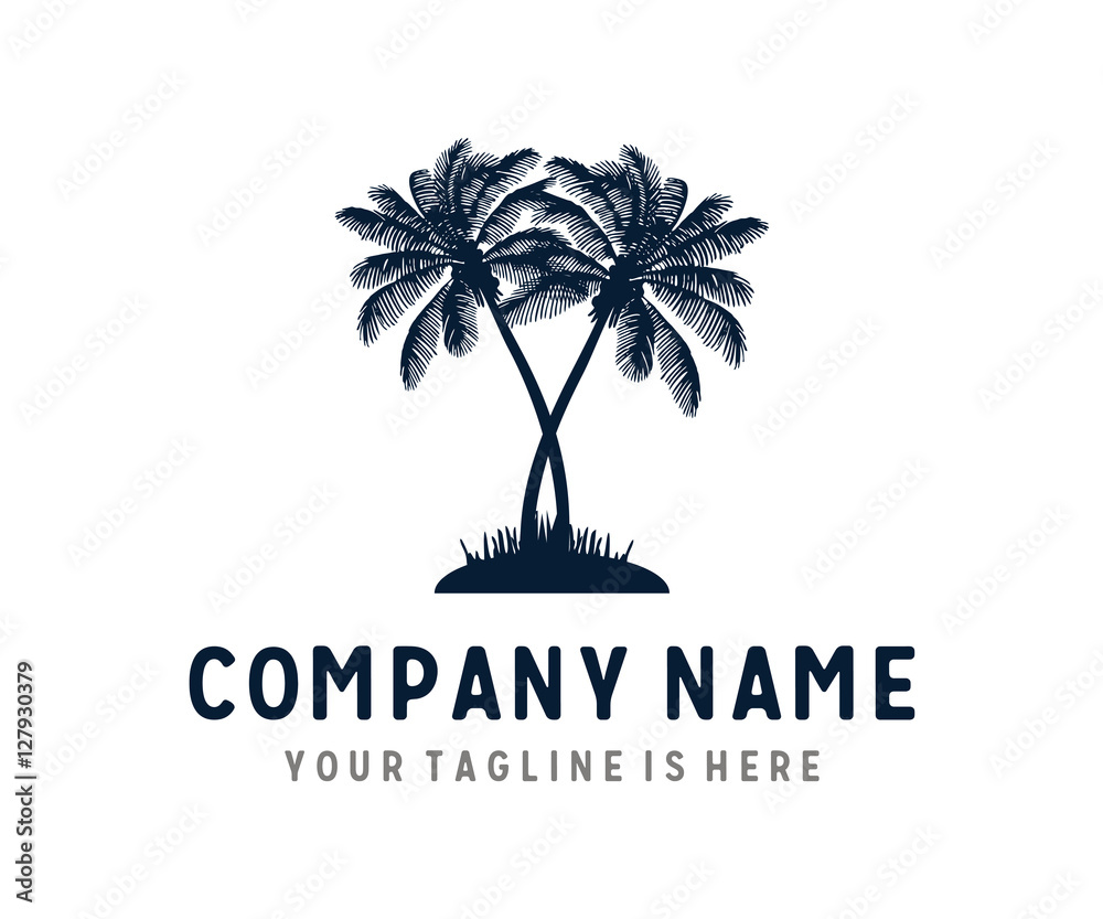 Set Tropical Island Palm Trees Blue silhouettes Vector Logo Design