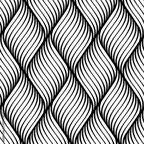 Vector seamless pattern. Modern stylish texture. Repeated monochrome pattern of curved stripes.