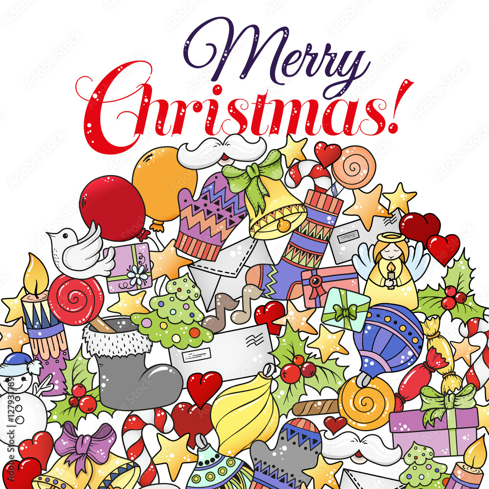 Fototapeta premium Merry christmas set of xmas colorful pattern and text templates. Ideal for holiday greeting cards, print, coloring book page or wrapping paper.