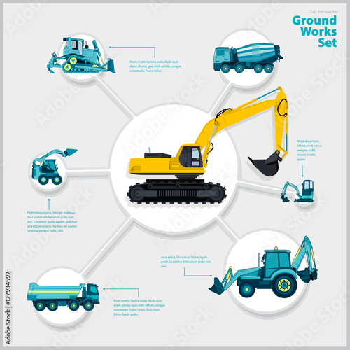 Construction machinery infographic big set of ground works machines vehicles on white background. Catalog page. Heavy equipment for building truck digger bagger excavator transportation master vector.