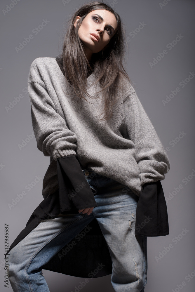 Portrait of skinny woman in stylish oversized clothes Stock Photo | Adobe  Stock