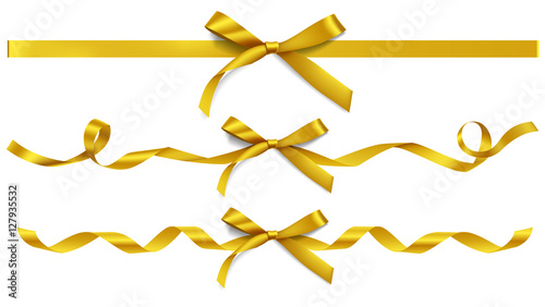 Set of decorative golden bows with horizontal ribbons isolated on white. Vector yellow bow