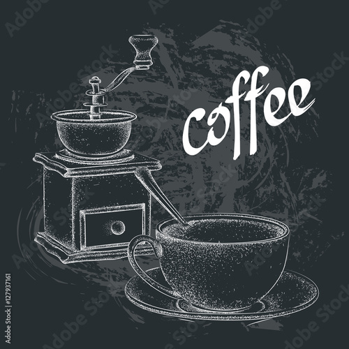 Vintage vector illustration. Coffee grinder. A cup of coffee with a spoon