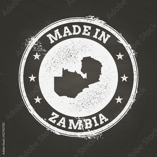 White chalk texture stamp of the Republic of Zambia map on a black schoolboard, illustrating a grunge rubber seal design.