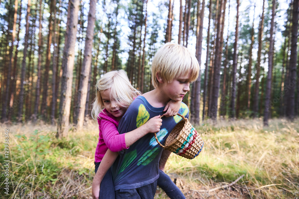 Young child boy (brother) giving his sister piggyback outdoors in the forest. Children summer activities. Young child boy (brother) giving his sister piggyback outdoors in the forest. Children summer activities.