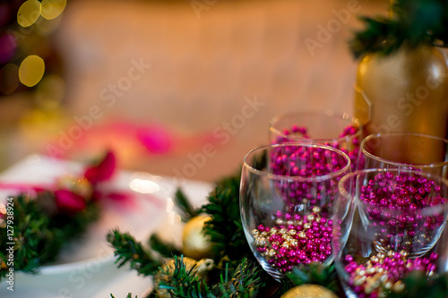 Christmas interior in purple and gold colors