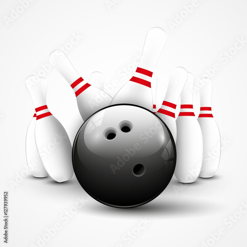 Bowling ball knocks down skittles, strike, realistic vector illustration
