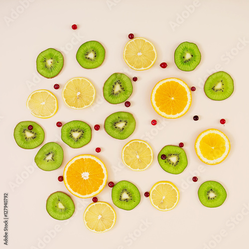 Fruit texture. Background of various sliced fruits