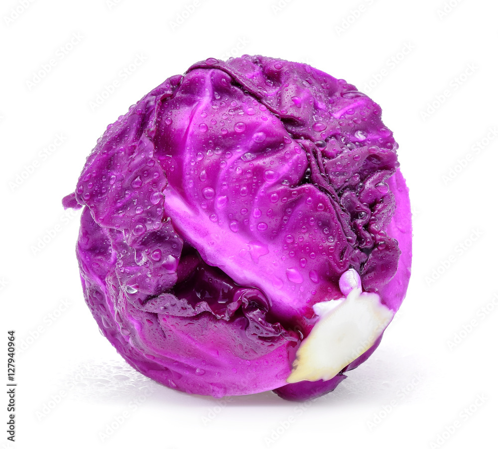 Fototapeta premium Purple cabbage with water drops on white background.