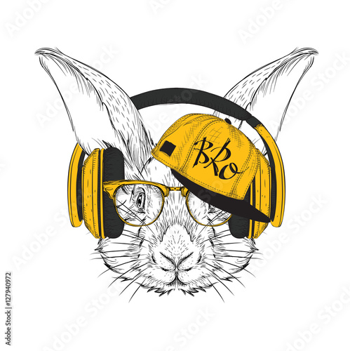 Portrait of rabbit in hip-hop hat. Vector illustration.