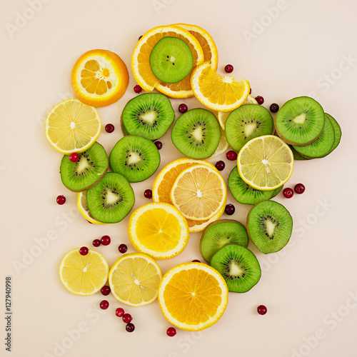 Fruit texture. Background of various sliced fruits