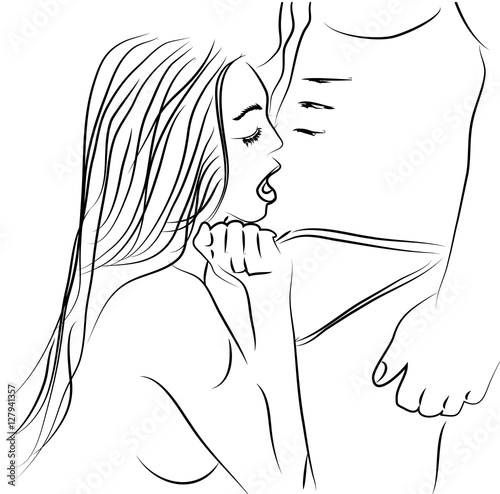 Young beautiful woman undressing her man. Sexy lineart Hand drawing. Vector illustration.