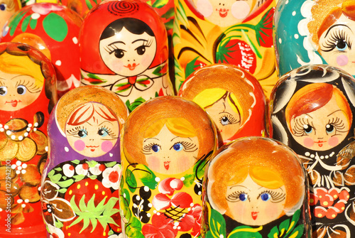 Russian souvenirs. Russian wooden nesting dolls matryoshkas are displayed at a souvenirs market in Saint Petersburg 