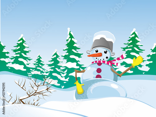 Зимний пейзаж. Снеговик с ведром на голове. © bonanza1488