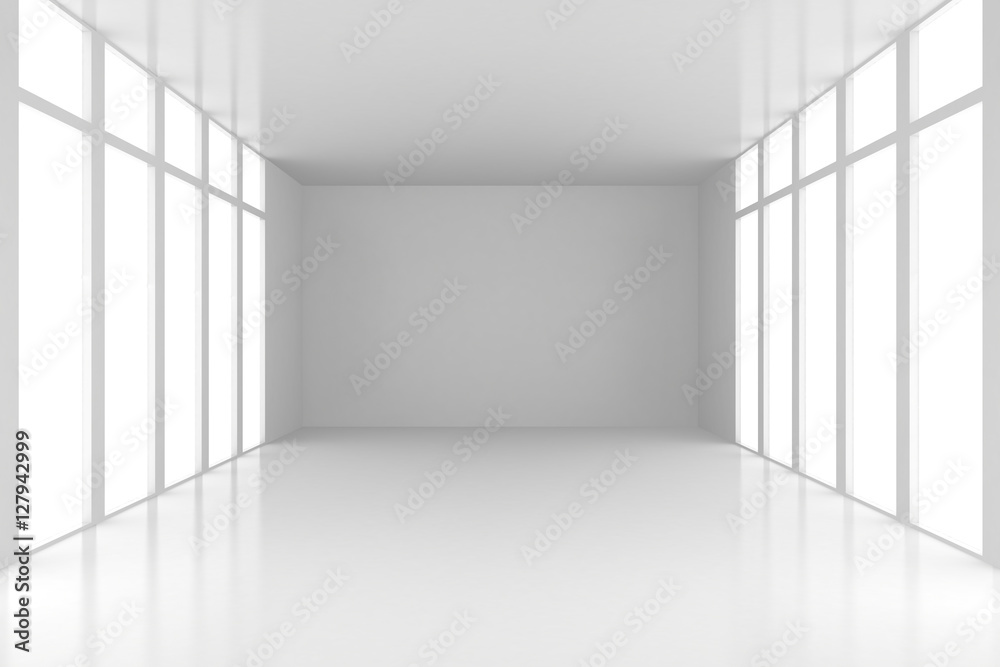 Interior with white wall onto which falls the light from window ceiling. Background illustration 3d rendering