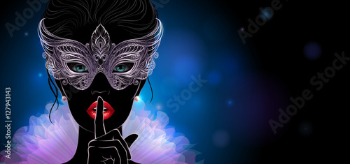 Vector Illustration. A silhouette of mysterious lady in carnival mask, she put a finger on lips in a hush gesture. Beautiful concept design for greeting card, party invitation, banner or flyer.