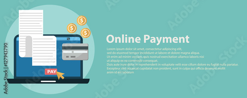 Online digital invoice laptop with bills credit card money coins flat illustration