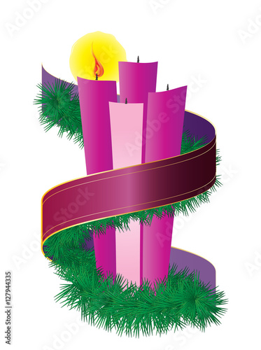 Advent candles wreath with purple violet ribbon. Fourth Sunday of Advent - Christmas season holiday color vector illustration.