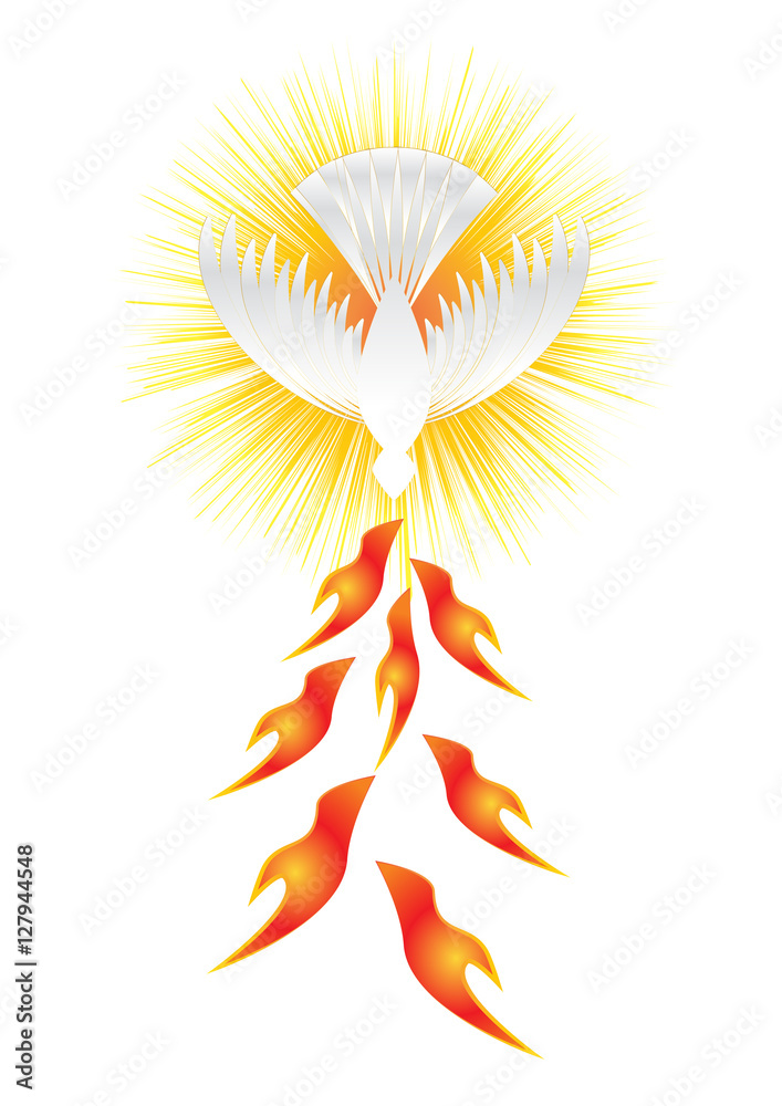 Spirit symbol - a white dove, with halo of light rays and seven rays of fire symbolizing sevenfold gifts of the Holy Spirit. Stock Vector | Stock