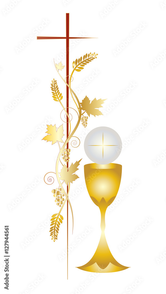 Fototapeta premium Ilustracja wektorowa w kolorze pierwszej komunii, z winogronami i kłosami pszenicy oraz świecą, z białymi kwiatami i kielichem z hostią