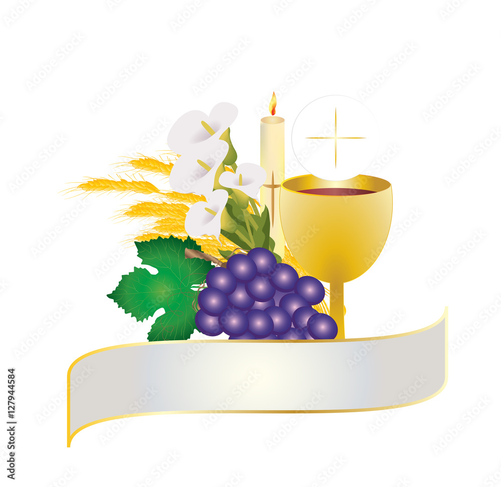 First communion vector color design illustration, with vine grapes and wheat ears and a candle, with white flowers and chalice with a host