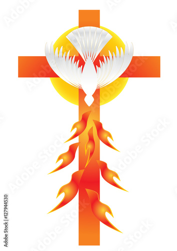 Holy Spirit symbol - a white dove, with halo of light rays and seven rays of fire symbolizing sevenfold gifts of the Holy Spirit.