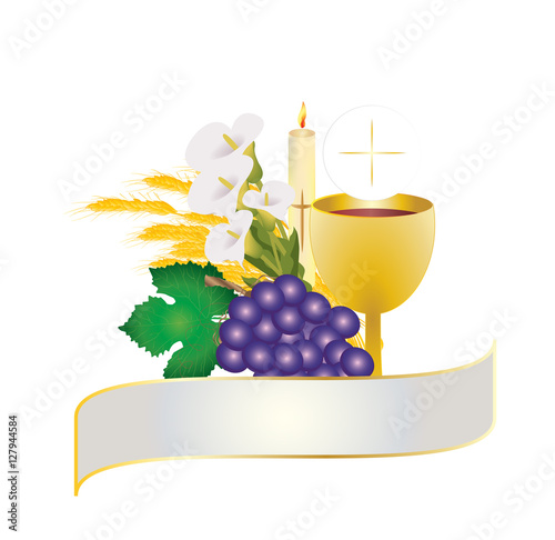 First communion vector color design illustration, with vine grapes and wheat ears and a candle, with white flowers and chalice with a host