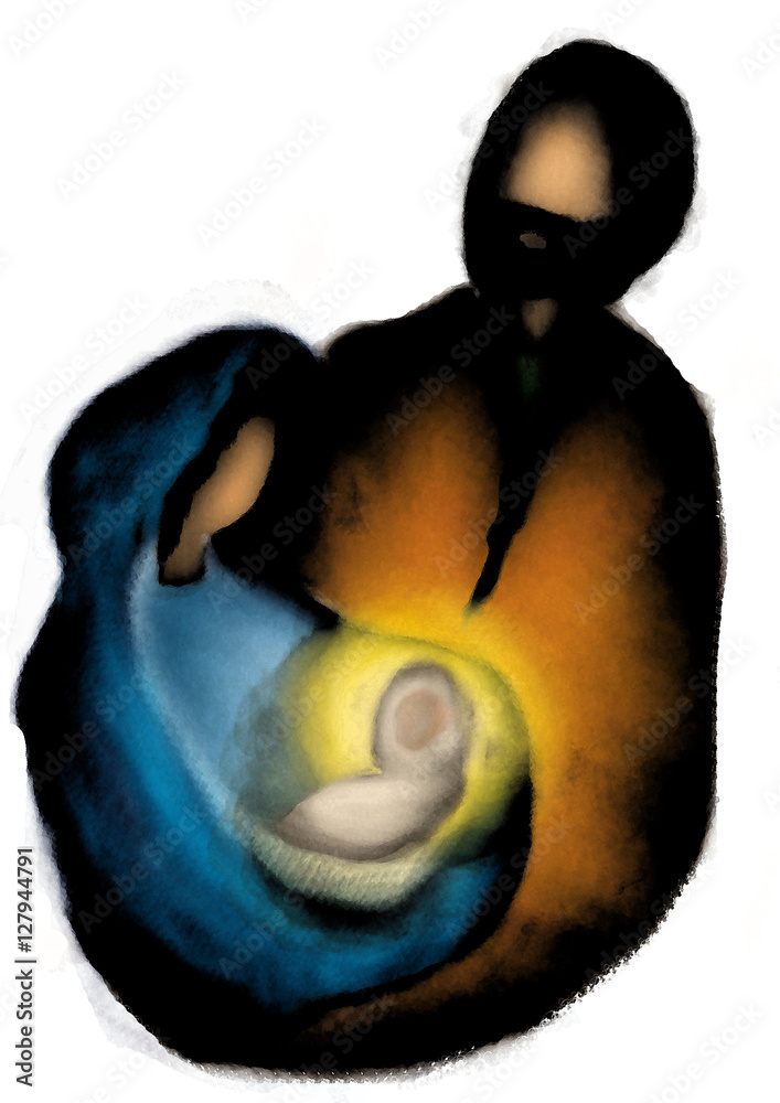 Christmas religious nativity scene, Holy family abstract artistic watercolor illustration Mary Joseph and baby child Jesus Christmas religious nativity scene, Holy family abstract artistic watercolor illustration Mary Joseph and baby child Jesus