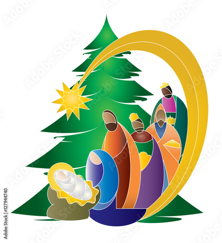 Christmas nativity religious Bethlehem crib scene, with Holy family of Mary, Joseph and baby Jesus and three wise men and Christmas tree. holiday background, illustration.