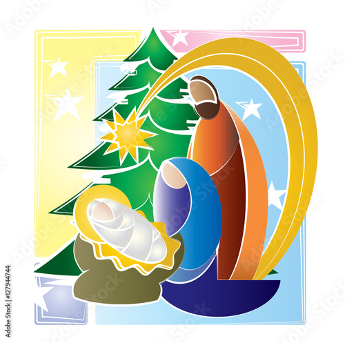 Christmas nativity religious Bethlehem crib scene, with Holy family of Mary, Joseph and baby Jesus and Christmas tree. holiday background, illustration.