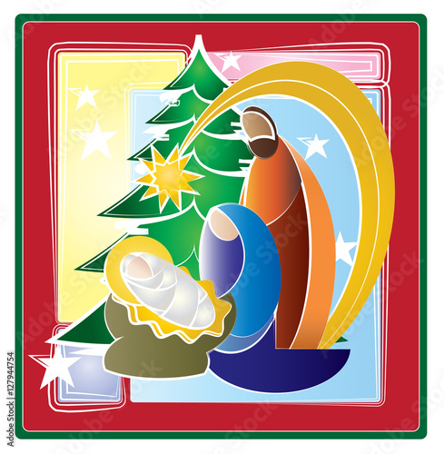 Christmas nativity religious Bethlehem crib scene, with Holy family of Mary, Joseph and baby Jesus and Christmas tree. holiday background, illustration.