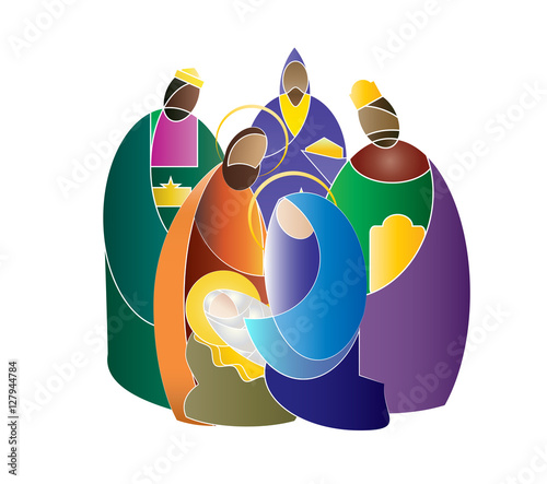 Christmas nativity religious Bethlehem crib scene, with Holy family of Mary, Joseph and baby Jesus and three wise men. holiday background, illustration.
