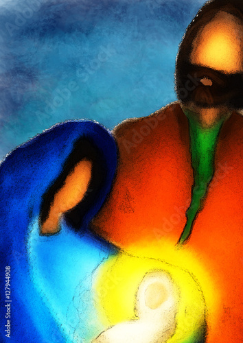 Christmas religious nativity scene, Holy family abstract artistic watercolor illustration Mary Joseph and baby child Jesus 