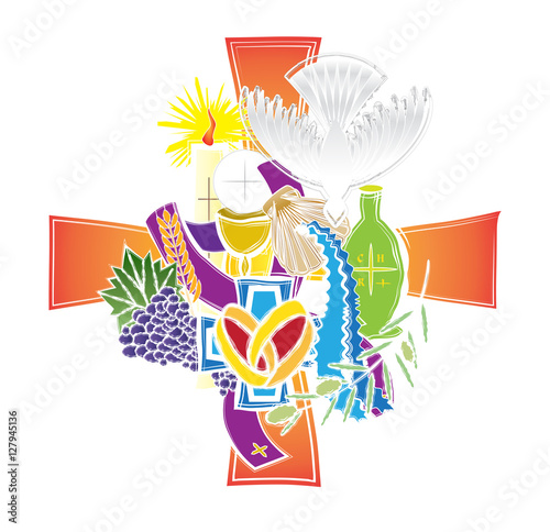 Symbols of the seven sacraments of the Catholic Church. Abstract artistic modern color vector religious illustration. photo