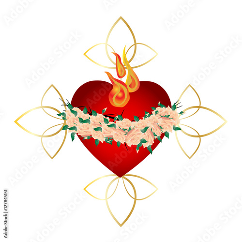 Immaculate Heart of Virgin Mary, Mother of God with crown of roses and flames. Traditional catholic devotional color vector illustration, graphic element.