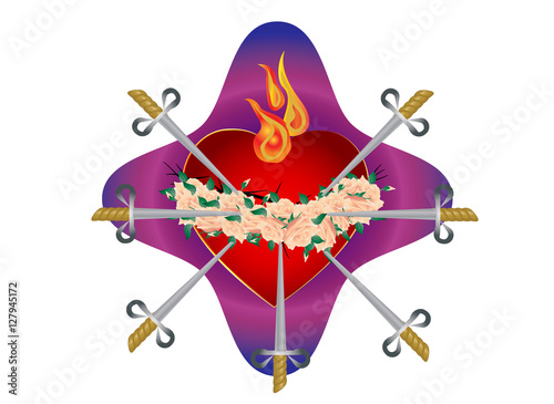 Seven sorrows of the Blessed Virgin Mary, Immaculate Heart pierced with seven swords with crown of roses. Traditional catholic devotion, vector color illustration.