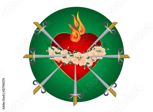 Seven sorrows of the Blessed Virgin Mary, Immaculate Heart pierced with seven swords with crown of roses. Traditional catholic devotion, vector color illustration.