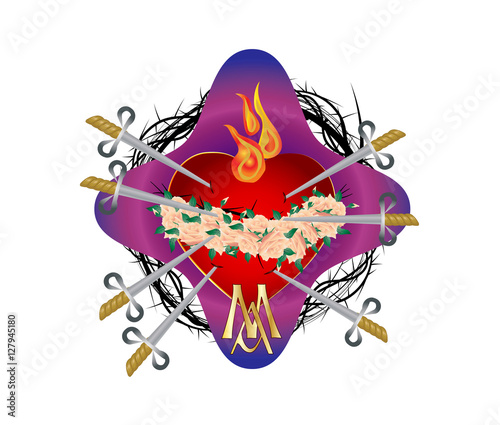Seven sorrows of the Blessed Virgin Mary, Immaculate Heart pierced with seven swords with crown of roses. Traditional catholic devotion, vector color illustration.