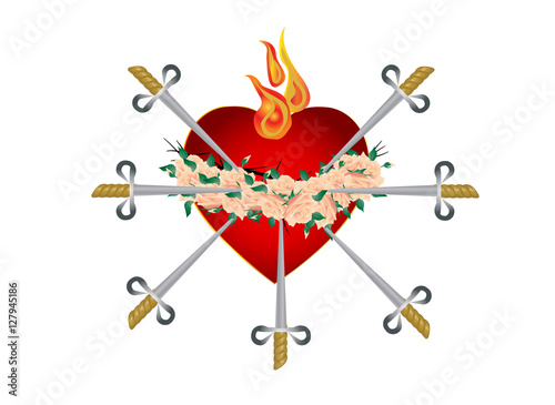 Seven sorrows of the Blessed Virgin Mary, Immaculate Heart pierced with seven swords with crown of roses. Traditional catholic devotion, vector color illustration.