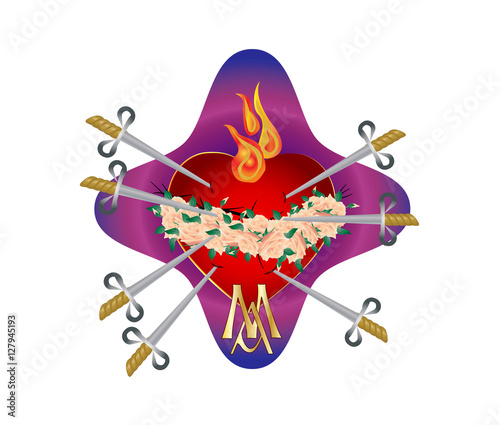 Seven sorrows of the Blessed Virgin Mary, Immaculate Heart pierced with seven swords with crown of roses. Traditional catholic devotion, vector color illustration.