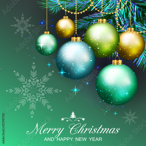 Christmas green background with fir branches and balls. Vector i