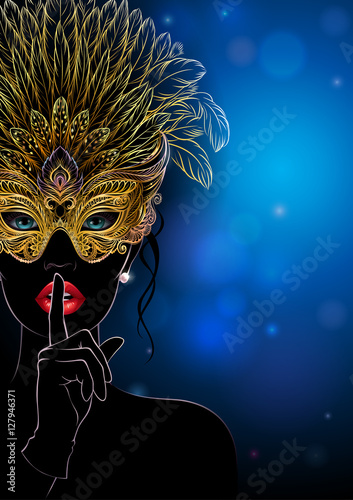 Vector Illustration. A mysterious lady in golden carnival mask with feathers, put a finger on lips in a hush gesture. Beautiful concept design for greeting card, party invitation, banner or flyer.