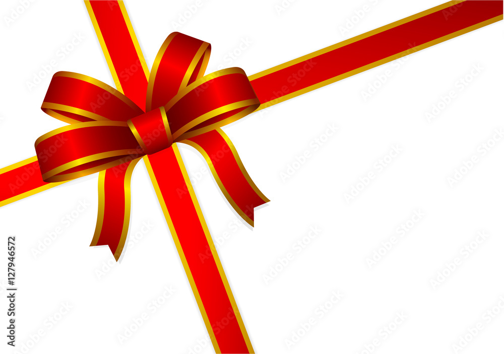 Red and gold gift ribbon and bow for greeting card or gift box of Christmas, New year and Valentine