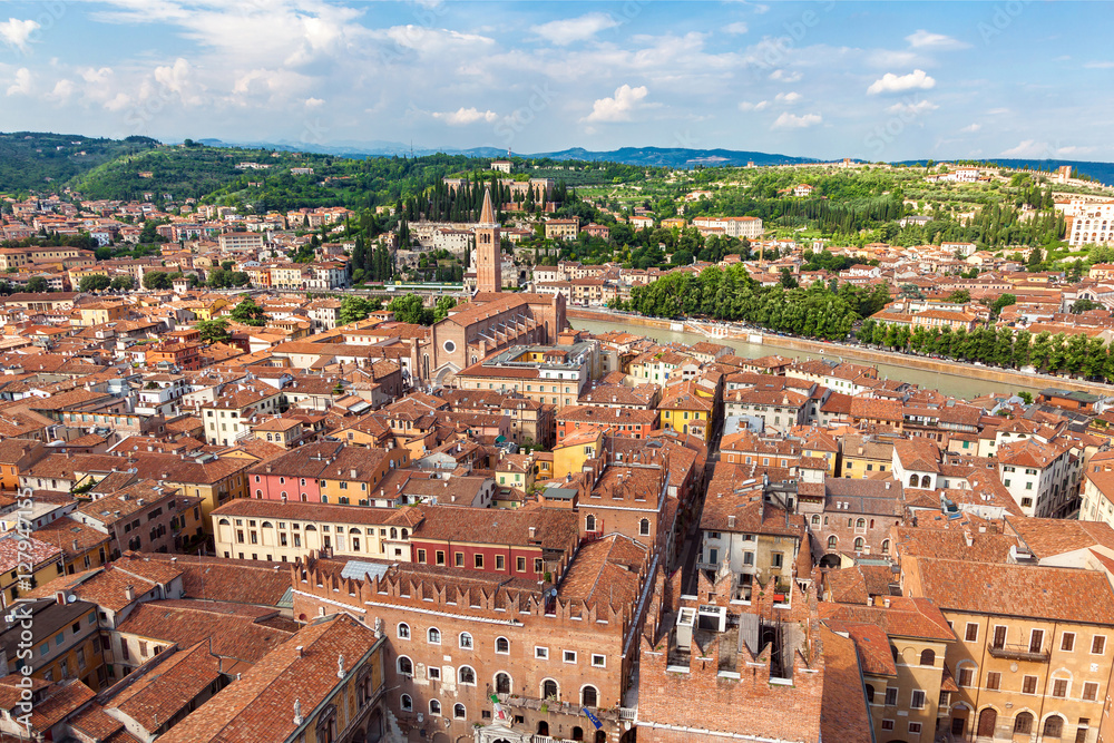 aerial view of city Verona with red roofs, Italy