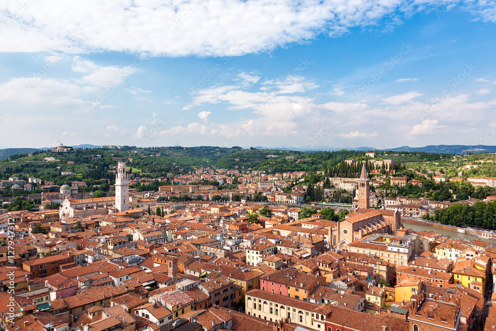 Fototapeta premium aerial view of city Verona with red roofs, Italy